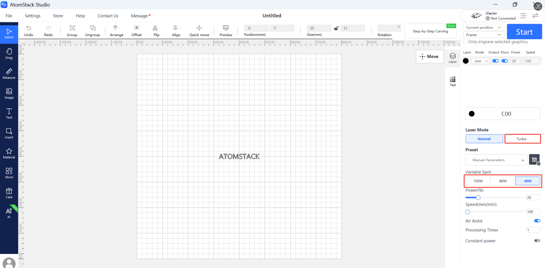 Переключение мощности в AtomStack Studio