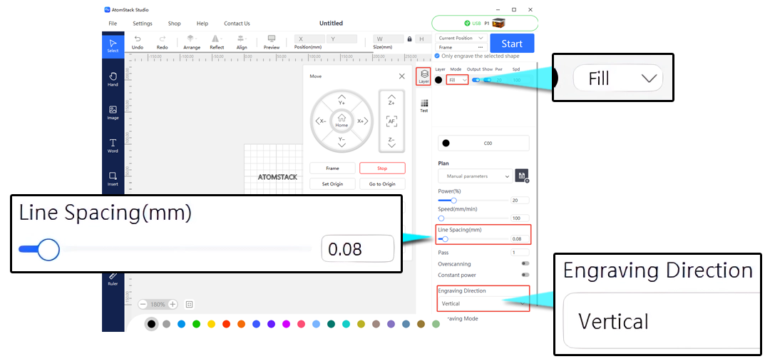 Line spacing and scan direction in AtomStack Studio