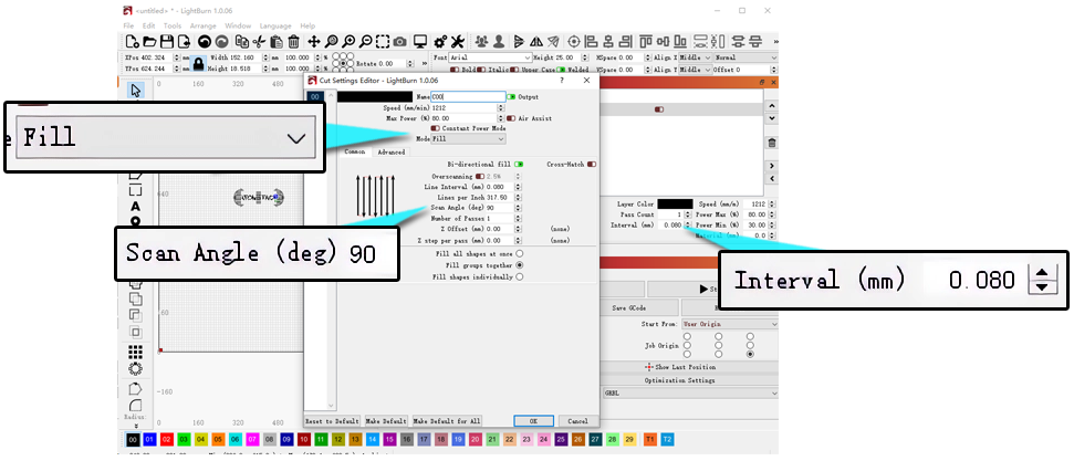 Scan angle and line interval in LightBurn