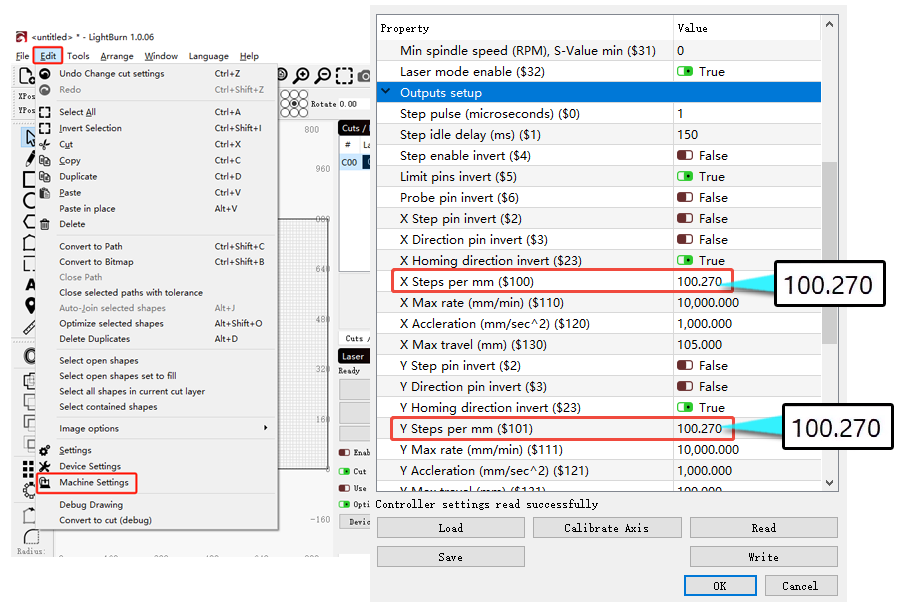 Motor steps per mm ($100/$101) in the LightBurn machine settings