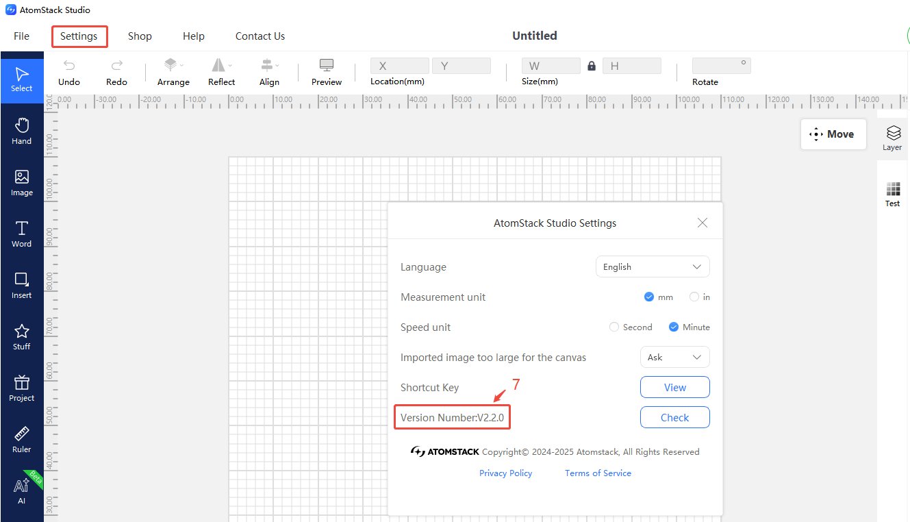 Opening developer mode from the AtomStack Studio settings