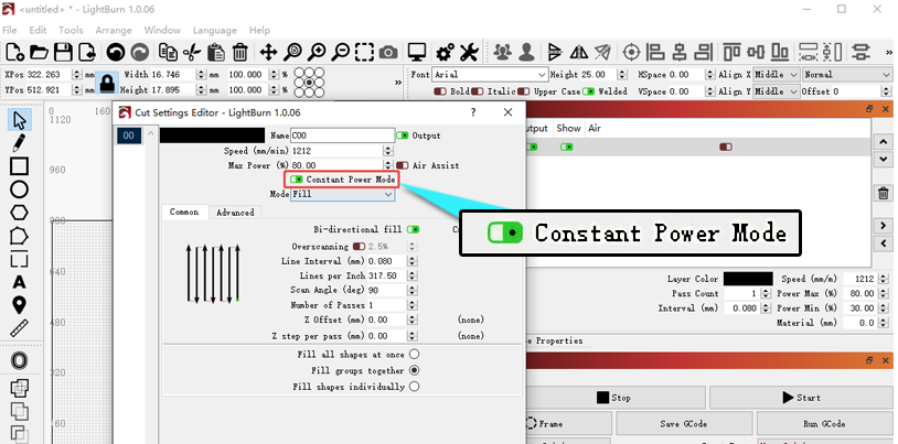 Constant Power Mode in LightBurn