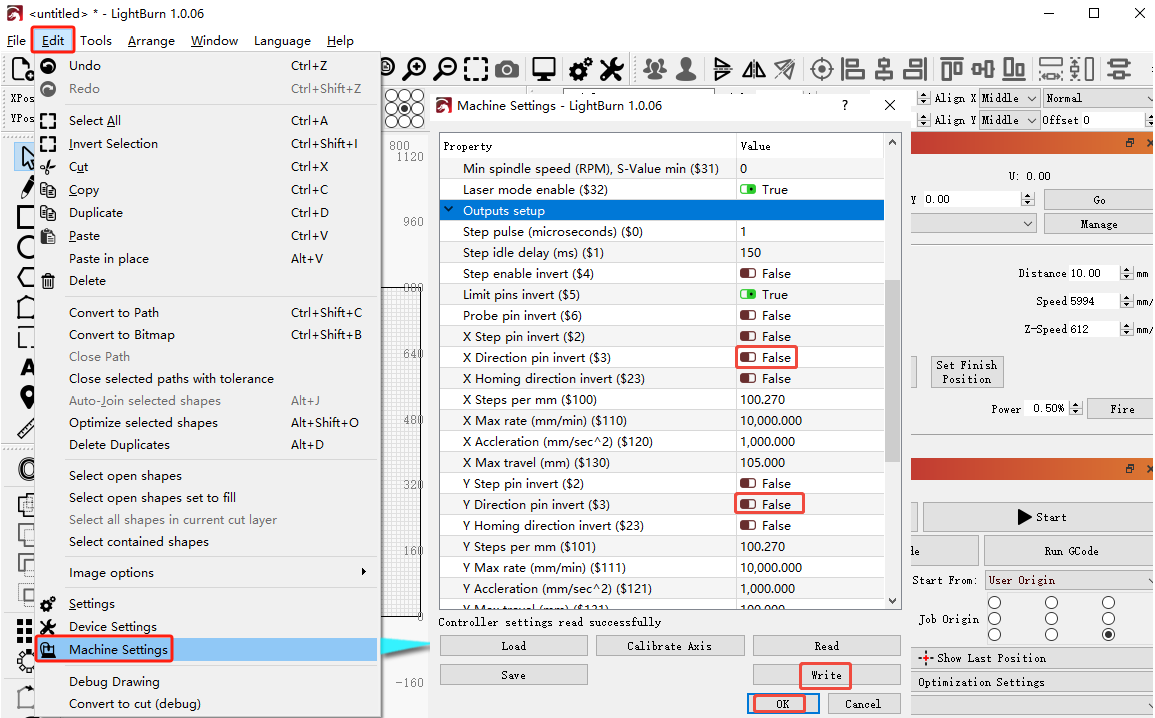 Axis direction invert options in the LightBurn machine settings