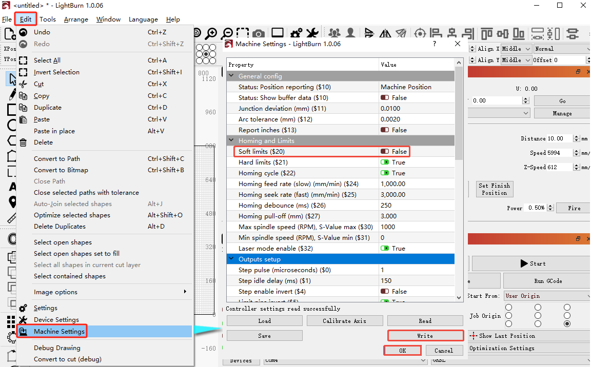 The machine settings parameter list in LightBurn