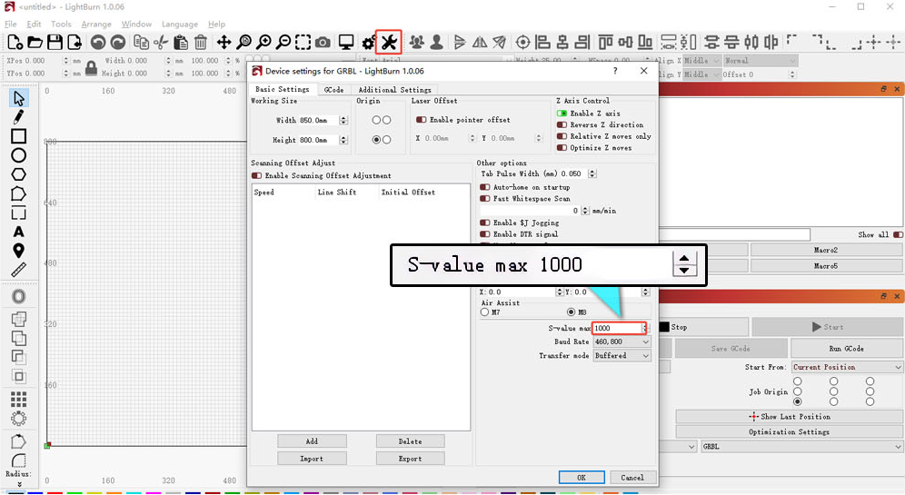 LightBurn maximum S-value setting
