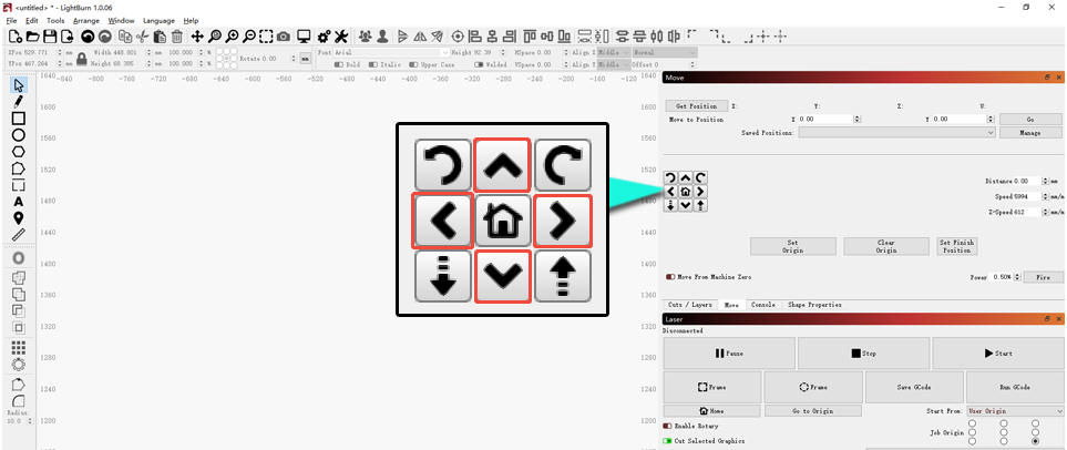 Software movement buttons (LightBurn)