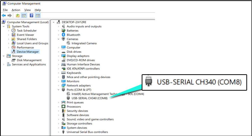 COM port shown in Device Manager